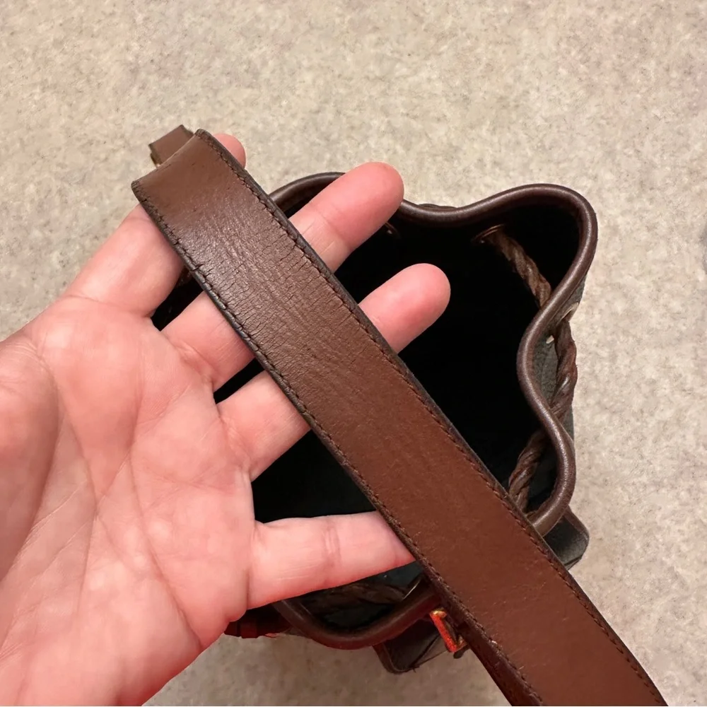 Vintage Dooney & Bourke Black w/Brown All Weather Leather Sling Small Backpack
